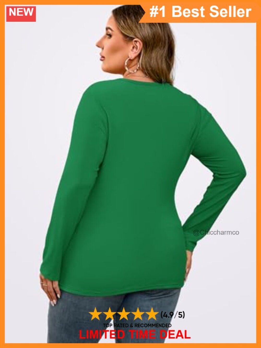 Plus Size Long Sleeve Ribbed Knit Top Crew Neck Fitted Tee - Picture 2 of 6